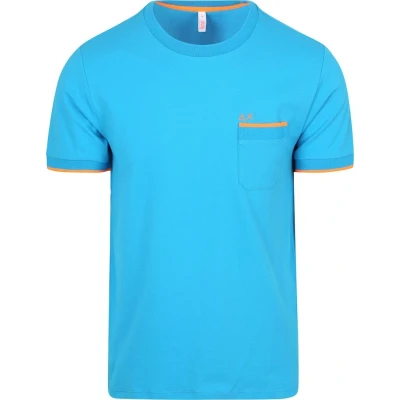 Afbeelding van Sun68 Piqué T Shirt Fluo Stripe Blauw maat M Heren met Modern fit Pasvorm Stretch Suitable Herenkleding