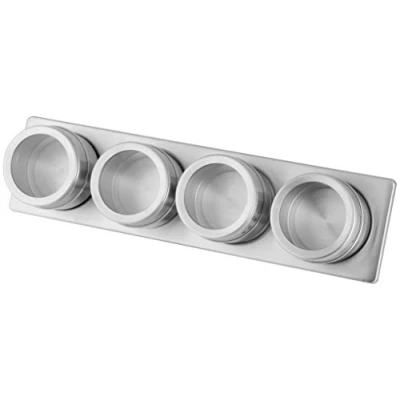 Afbeelding van Fackelmann 42122 magneetstrip met 4 blikjes, opslag voor kruidenpotjes, kruidenrek bevestiging aan de muur (kleur: zilver/transparant), aantal: 1 lijst, blikjes