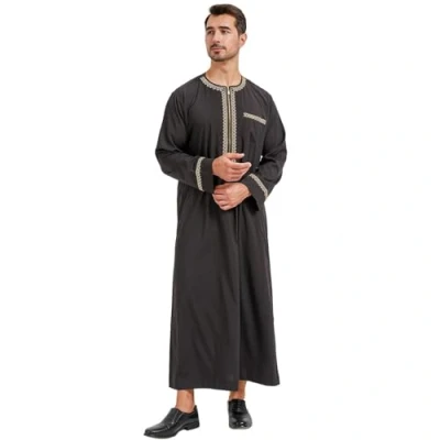 Afbeelding van KRUIHAN Kaftan heren gebedskleding voor mannen islam zwart abaya lange mouwen Arabische kleding thobe met zakken islamitische geschenken, Stijl A zwart, XL