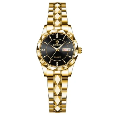 Afbeelding van JewelryWe Zakelijke Analoge Quartz Horloges: Mannen Vrouwen Jurk Waterdicht Lichtgevende Datum Kalender Dial Rvs Luxe Multifunctionele Paar Polshorloge, W goudzwart, Adult