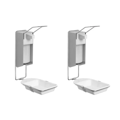 Afbeelding van ARNOMED 2x desinfecterende dispenser met lekbak, aluminium zeepdispenser voor 500ml, wandmontage lange armhefboom, Euro desinfecterend middel,