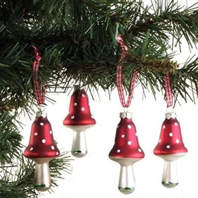 Afbeelding van Glazen kerstboomversiering paddenstoel set van 4 kerstballen hanger kerstdecoratie