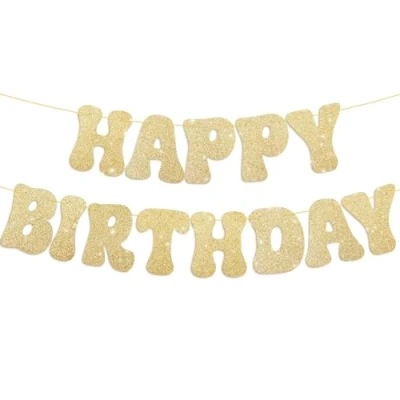 Afbeelding van Slinger met opschrift &quot;Happy Birthday&quot;, verjaardagsdecoratie, Happy Birthday banner, decoratie voor thuis, verjaardagsfeest (gouden glitter)