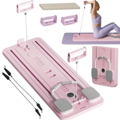 Afbeelding van EFGETD Pilates Reformer Machine Board Set Ab Roller Oefenwiel Automatische Rebound Opvouwbare Buikoefening Apparatuur met Weerstandstouw en Timer (Roze)