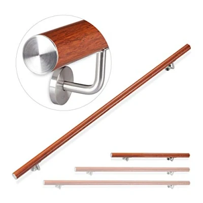 Afbeelding van Relaxdays trapleuning aluminium leuning hout look modern bruin rond 1000 mm