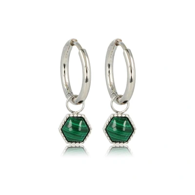 Afbeelding van Oorbellen zilverkleurig zeshoek Met Malachite edelsteen Zilverkleurige oorringen luxe cadeauverpakking