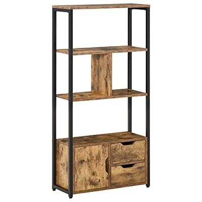 Afbeelding van HOMCOM Boekenkast Industriële Stijl 3 Planken Kast 2 Laden Oud Hout Effect Staal Zwart