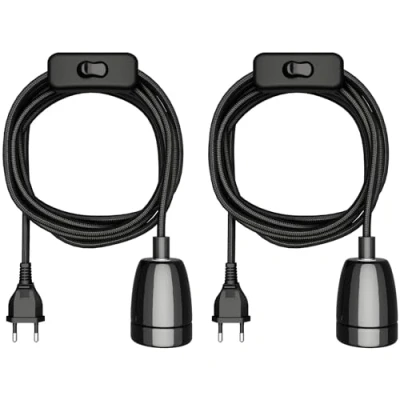 Afbeelding van ledscom.de 2 stuks textielkabel LEHA II, stekker, schakelaar, zwart, 3 m, porseleinen fitting, 1x E27 max. 300W