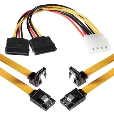 Afbeelding van Poppstar 2x50cm SATA 3 Datakabel Geel (SATA Kabel Connector Recht naar Hoekig), met 20cm 4 pins Stroomadapter 2x 15