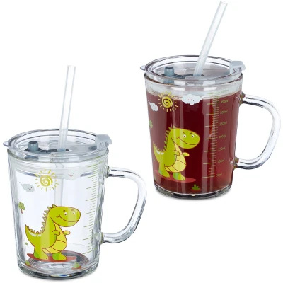 Afbeelding van Relaxdays 4x kinderglas met rietje en deksel dinosaurus print handvat