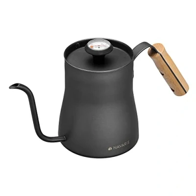 Afbeelding van Navaris ketel 1L Roestvrijstalen koffieketel met thermometer en schenktuit voor kookplaten Zwart