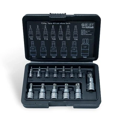 Afbeelding van CCLIFE 13 delige Torx bit dopsleutelset T8 T60 set voor momentsleutel en boor S2 legeringsstaal