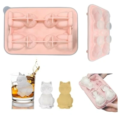 Afbeelding van ijsblokjesvorm, siliconen kattenvorm, 4 vakken, 3D katten, vorm met deksel, dieren, voor ijsblokjes, chocolade