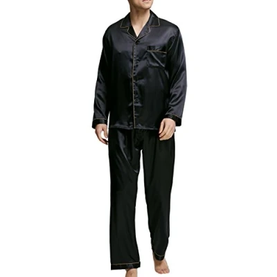 Afbeelding van Satijnen pyjama voor heren, nachtkleding, loungewear, Zwart met gouden bies, L