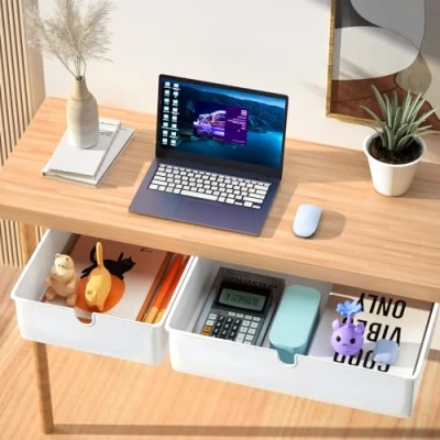 Afbeelding van ZHHGOO lade onder bureau, 2 stuks organizer opbergdoos, bureau organizer, zelfklevende voor kantoortafel, verborgen ladekast wit