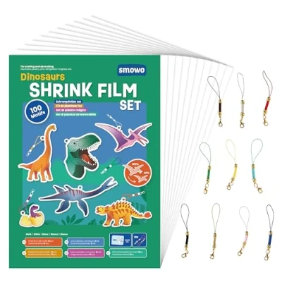 Afbeelding van Smowo® 10 dinosaurus krimpfolies met sleutelhanger, dino knutselset T Rex &amp; meer, krimpende plastic folies 100 motieven voor jongens