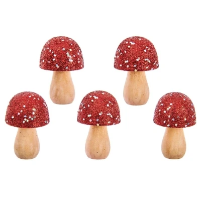 Afbeelding van Houten paddenstoeltjes rood glitter (5st)