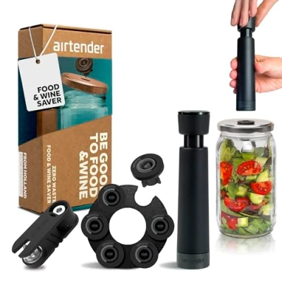 Afbeelding van Airtender vacuüm pot en wijnstopper set (Vacuümpomp, Lid punch, 6x nanostopper, Bewaarclip)