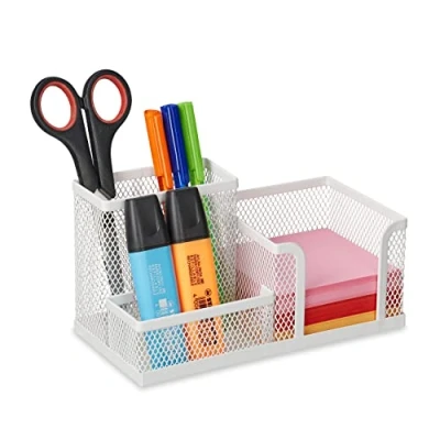 Afbeelding van Relaxdays pennenbak wit metaal 3 vakken bureau organizer pennenhouder