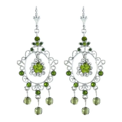 Afbeelding van Behave Vintage oorbellen zilverkleur met ovalen hanger, groene steentjes en bloem