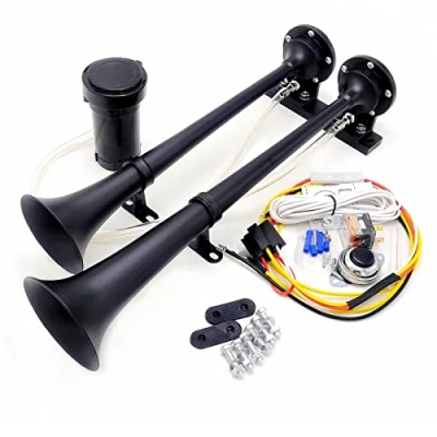 Afbeelding van YIYIDA Auto luchthoorn 24 V 165 dB 45 cm chroom zink dubbele trompet zwarte vrachtwagen met compressor luidspreker boven en beneden voor trein boot enz