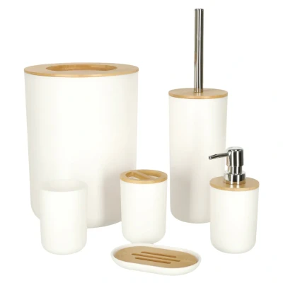 Afbeelding van Luxe 6 delige bamboe badkamer set / toiletset wit Badkameraccessoireset