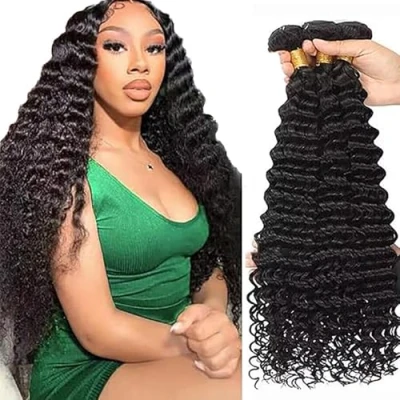 Afbeelding van Tuheers Deep Wave Bundles Human Hair Weft Real Extensions for Woman 100% Unprocessed Virgin Double 12 Inches