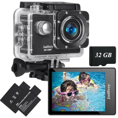Afbeelding van adfezy Action Cam FHD 1080P met 32 GB kaart, onderwatercamera, waterdicht tot 30 m, 140 graden groothoek, actiecamera twee 900 mAh oplaadbare batterijen en accessoireset