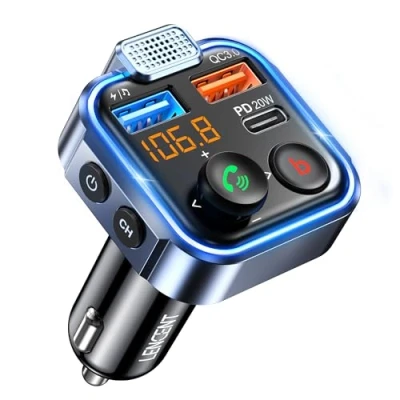 Afbeelding van LENCENT Bluetooth 5.3 FM Transmitter, 20W Snellader Zender met PD Type C &amp; QC3.0 USB, Draadloze Autoradio Adapter Handsfree, 360 HIFI, Diepe Bas Muziek, Blauw Ambient Light