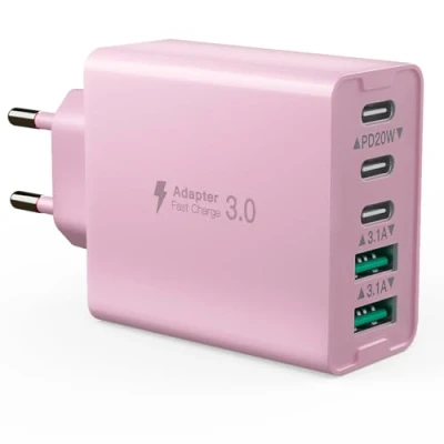 Afbeelding van USB C oplader, 50W 5 poorts snellaadblok, met 3 en 2 QC, PD snellader, wandlader type laadstekker, compatibel iPhone 12/13/14/15/Samsung S24/S23/S22/tablet (roze)