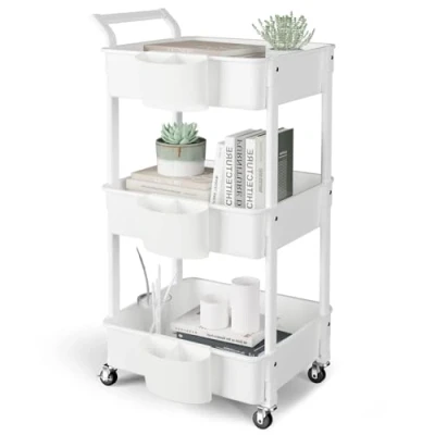 Afbeelding van Keukenwagen 3 etages, serveerwagen Utility Cart met wieltjes, trolley rolplanken, multifunctionele voor keuken, make up, badkamer, kantoor, wit