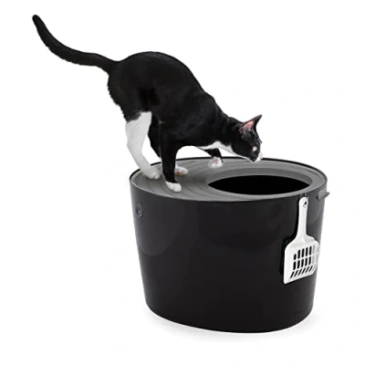 Afbeelding van Iris Ohyama, grote plastic kattenbak met invoer aan de bovenkant, inclusief schep en deksel sleuf, L53 x D41 H37 cm, BPA vrij, schepsteun, voor katten, PUNT 530, zwart/grijs