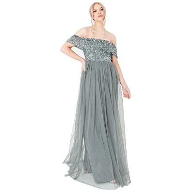 Afbeelding van Maya Deluxe Vrouwen Dames Bardot Jurk Maxi Verfraaid Hight Empire Taille Mouwloze Tule Voor Bruiloft Gast Prom Afstuderen Bruidsmeisje, Misty Groen, 42