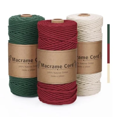 Afbeelding van PUWOWYE macramégaren, 3 mm, rood, groen, beige, macramé katoenen garen, naturel, voor Kerstmis, knutselen, breien, boho decoratie, doe het zelf handwerk, x
