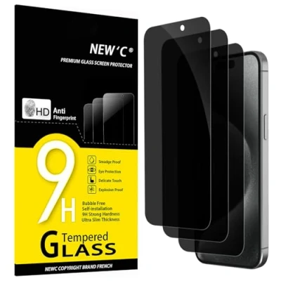 Afbeelding van NEW&#039;C 3 Stuks, Privacy Screen Protector voor iPhone 15 Pro Max, Plus (6,7 inch), verbeterde 28 graden smalle privacyhoek, ultraduurzame 9H hardheid, bubbelvrij