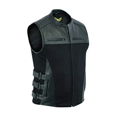 Afbeelding van Leatherick Heren SWAT tactische stijl denim en topnerf buffelleer biker gilet met pistoolzakken geperforeerde zakpanelen