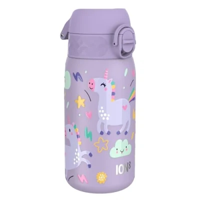 Afbeelding van ION8 Roestvrijstalen Kinderwaterfles, 400 ml/13 oz, Lekvrij, Makkelijk te Openen, Veilige Vergrendeling, Vaatwasserbestendig, Flipdop, Draaggreep, Duurzaam, Metalen Drinkfles, Lichtpaars Eenhoorns