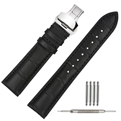 Afbeelding van TStrap Horlogebandje, heren, leer, zwart, met roestvrijstalen vouwsluiting, 18 mm/19 mm/20 mm/21 mm/22 mm, zwarte naad, 20 Riemen.