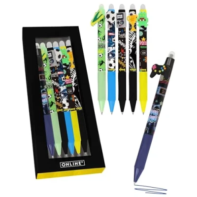 Afbeelding van Online magiXX, 6 x gumstift Fun Boys I gelpen blauw, uitwisbaar met 0,7 mm lijndikte rollerball om te leren schrijven, kantoor, compatibel Frixion Mine, uitwisbare balpen