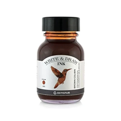 Afbeelding van Octopus Fluids Write and Draw Ink 480 Brown Colibri waterdichte inkt voor schrijven en tekenen kalligrafie lichtechte tekeninkt vulpen bruin 50 ml