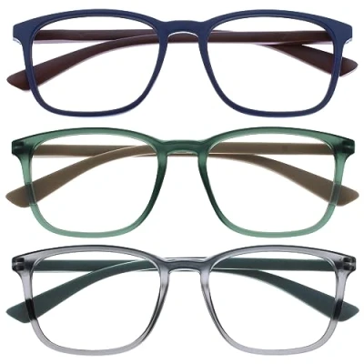 Afbeelding van OPULIZE Max Leesbrillen 3 Pack Klassiek Groot Rechthoekig Montuur Mat Blauw, Groen, Grijs Uniseks Heren &amp; Dames Veerscharnieren RRR78 367 +1.50