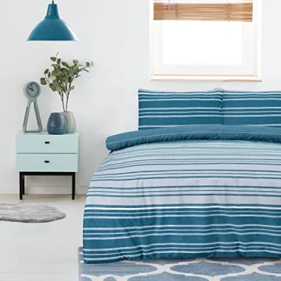 Afbeelding van Sleepdown Dekbedovertrekset groenblauw gestreepte textuur omkeerbaar dekbedovertrek, onderhoudsvriendelijk beddengoed, zacht, gezellig beddengoed set met kussenslopen tweepersoons (200 cm x