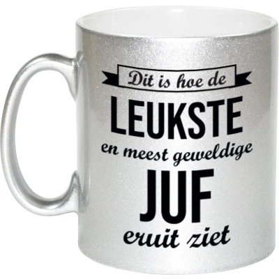 Afbeelding van Leukste en meest geweldige juf cadeau mok / beker zilverglanzend 330 ml feest mokken