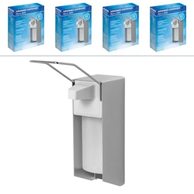 Afbeelding van ARNOMED 4x aluminium desinfectiemiddeldispenser, desinfectiemiddeldispenser voor 500 ml, dispenser met lange armhendel, zeepdispenser wandmontage, zeepdispenser, wand