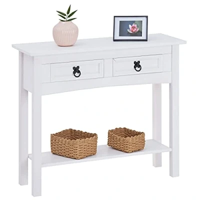 Afbeelding van CARO Möbel Consoletafel RURAL in Mexico stijl bijzettafel massief grenen met 2 laden, 1 legplank wit gelakt