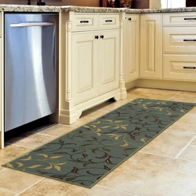 Afbeelding van Machine wasbaar bladeren ontwerp antislip rubberback 2 x 5 traditioneel tapijt voor gang, keuken, woonkamer, slaapkamer, entree, 20 149 cm, zeeschuimgroen