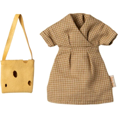 Afbeelding van Maileg poppenkleding moeder geruite jurk en tas 15 cm
