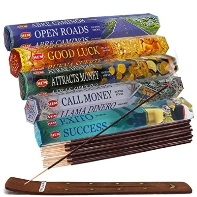 Afbeelding van Hem wierookstokjes Variety Pack #5 en wierookstokhouder bundel met 5 Geld Succes Thema geuren