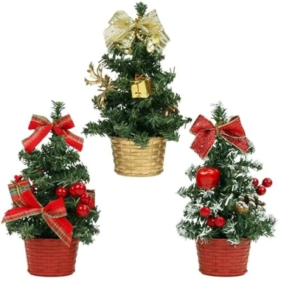 Afbeelding van Belle Vous Mini tafelblad kunstmatige kerstbomen met LED verlichting (3 stuks) 20 cm / 7,87 inch versierd bessen, dennenappels en strikken voor thuis, tafel woonkamer