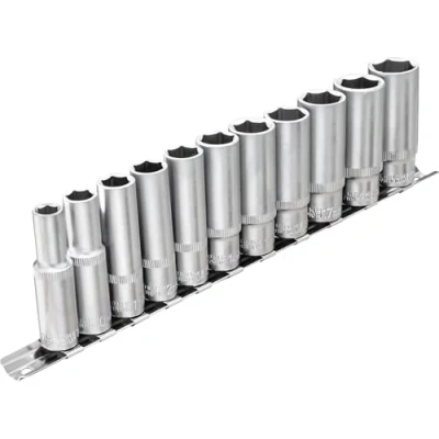 Afbeelding van DAKCOS 11 stuks zeskantige lange dopsleutelset, 3/8 inch drive metrische diepe socket, 8 19 mm doppenset met metalen rail voor thuis autoreparatie en doe het zelf, CR V, 63 lang